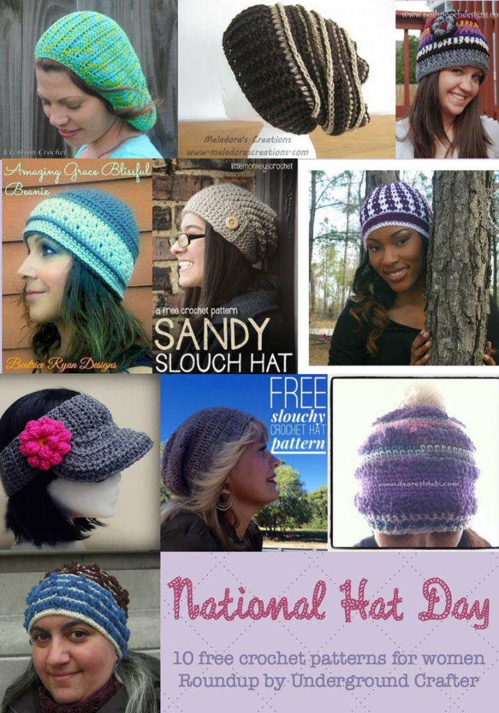 National Hat Day, roundup of 10 free crochet hat patterns by Underground Crafter