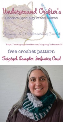 Triptych Sampler Infinity Cowl, free crochet pattern including intermeshing crochet, post stitches, and puff stitches by Underground Crafter