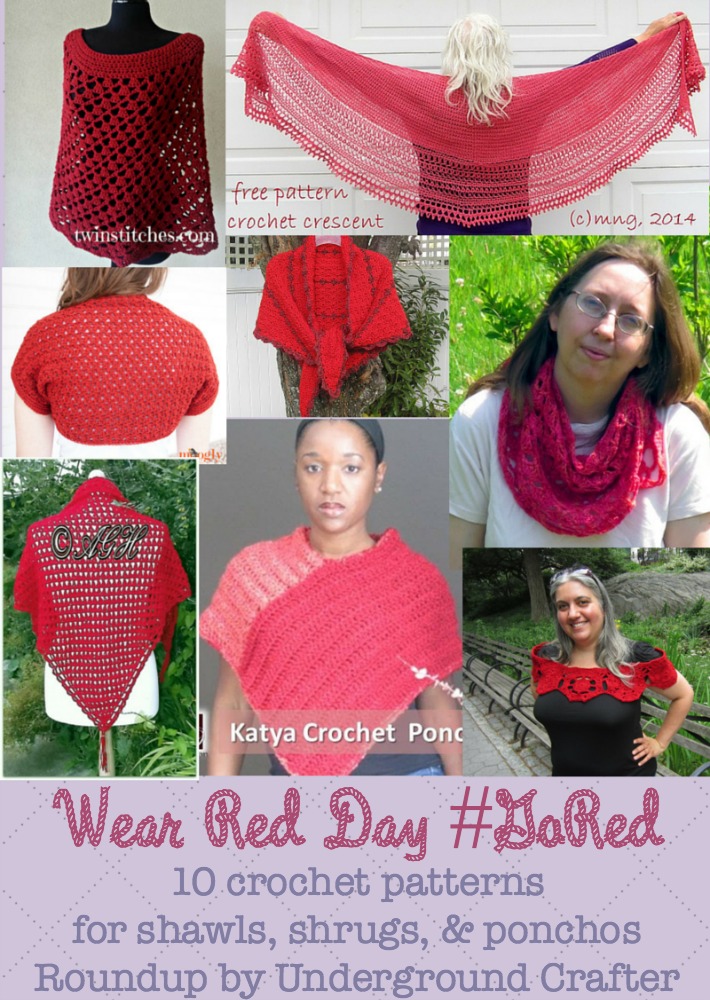 Wear Red Day roundup, mostly free crochet patterns for shawls, shrugs, ponchos by Underground Crafter