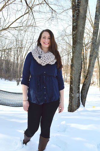 Anna Lisa Brown wearing a crocheted infinity scarf by Sew What Scarves on Etsy.