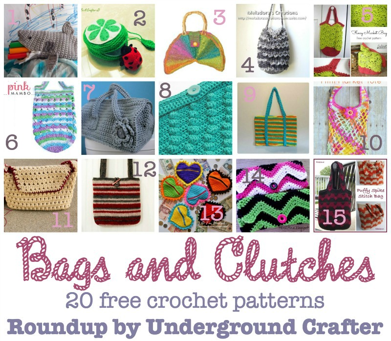 Bags and Clutches, roundup of 20 free crochet patterns on Underground Crafter