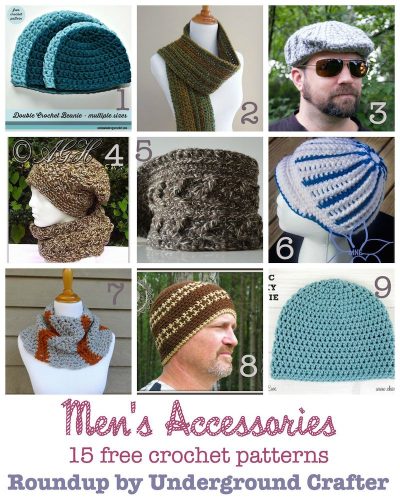 15 free #crochet patterns for men's accessories. Roundup curated by Underground Crafter.
