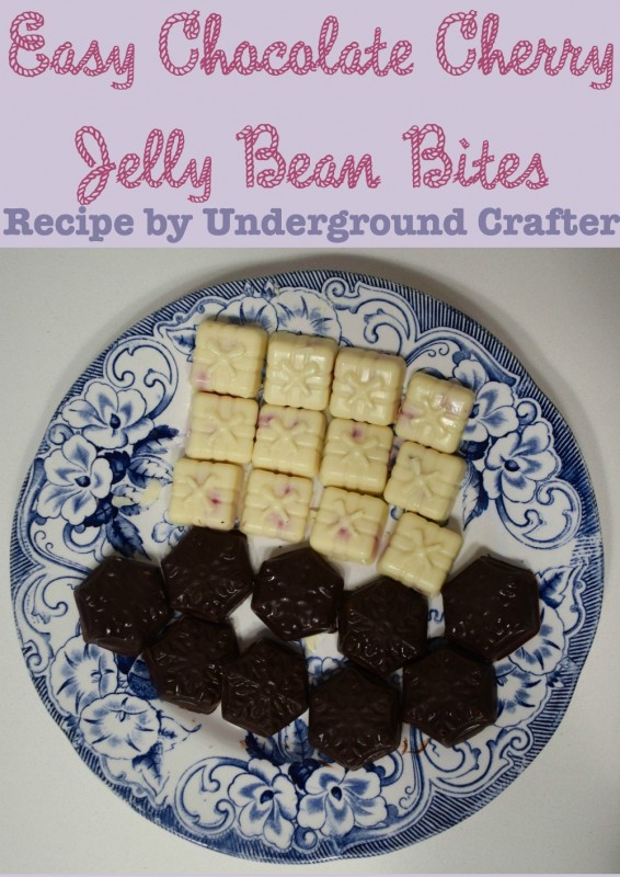 Easy #Chocolate Cherry Jelly Bean Bites #Recipe by Underground Crafter: These quick and easy bites make great desserts for a pot luck or holiday gifts. If you don't have chocolate molds, I include directions for making a bark version. #jellybelly