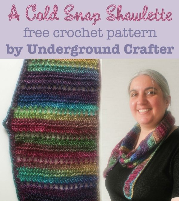 A Cold Snap Shawlette, free #crochet pattern by Underground Crafter | This simple shawlette recipe can be customized to your preferred size (or, to use up just the right amount of yarn!). This shawlette is perfect for accessorizing, keeping you cozy when it gets suddenly cold, or protecting your neck in air conditioning. The self-patterning yarn does all the colorwork for you.