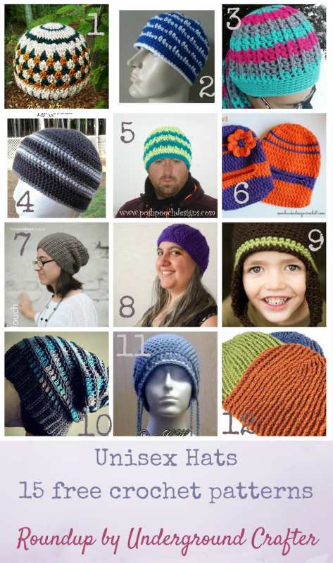Roundup: 15 free crochet patterns for unisex hats, curated by Underground Crafter | Find your next crochet project for your favorite lady or fussy guy among these patterns for beanies, balaclava, slouchy, and chemo hats.