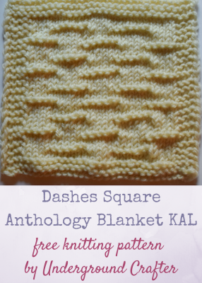 Free knitting pattern: Dashes Square in Cascade 220 Superwash yarn by Underground Crafter | The Dashes Square features alternating horizontal purl dashes across a stockinette background. It's one of 30 free knitting patterns for 6" (15 cm) squares in the Anthology Blanket Knit-a-Long.