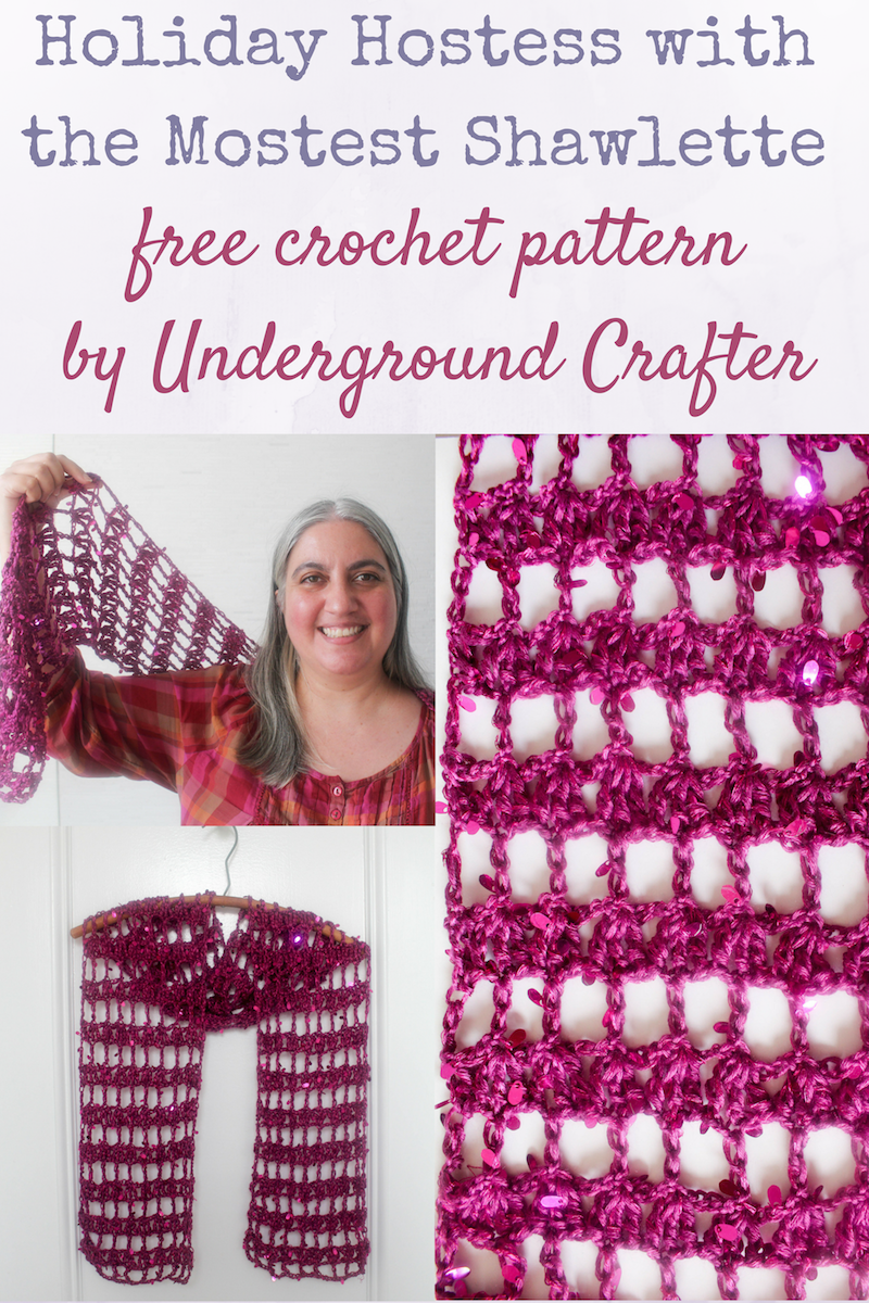 Free crochet pattern: Holiday Hostess with the Mostest Shawlette in Red Heart Boutique Swanky yarn by Underground Crafter | We all know an amazing hostess who makes everyone feel welcome and prepares (or coordinates) a fabulous meal. Make something special for your favorite hostess with this easy, one-skein shawlette in sequin yarn. One of 24 free crochet patterns in the #HolidayStashdownCAL2016