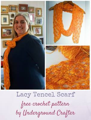Lacy Tencel Scarf, free crochet pattern by Underground Crafter in Teresa Ruch Designs Tencel 3/2 yarn | A simple, delicate lace pattern and the soft tencel yarn combine to create a transitional weather scarf with excellent drape.