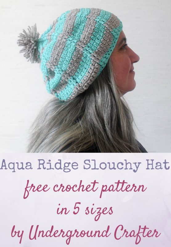 Aqua Ridge Slouchy Hat, free crochet pattern in Bernat Maker Home Dec yarn by Underground Crafter, available in 5 sizes from newborn through adult large. This cozy slouchy hat uses a simple, repeating pattern featuring front post double crochet stitches for textured ridges. It works up quickly in bulky yarn.