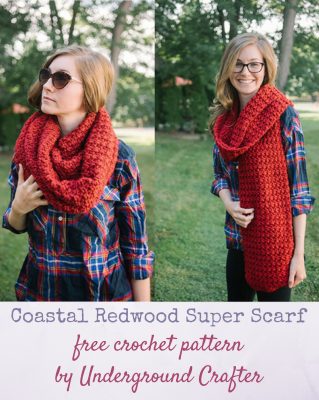 Free crochet pattern: Coastal Redwood Super Scarf in Lion Brand Heartland Thick & Quick by Underground Crafter | My inspiration for this super scarf pattern was the redwood, a species of super tall and long-lived tress that thrive in the Northern Coast of California. Like its namesake tree, this scarf is ultra long and will definitely be noticed. This luxuriously long scarf has a gentle, unisex texture made with a beginner-friendly stitch pattern.
