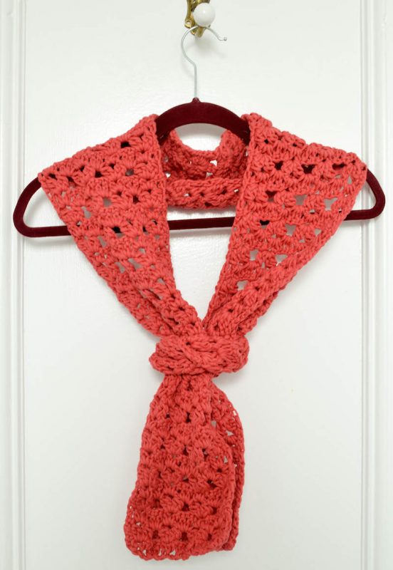 Clusters and Vs Lace Scarf, free crochet pattern in Bernat Maker Home Dec Yarn by Underground Crafter | This textured, lacy scarf has excellent drape and can be worn as a shawlette in warm weather or as a scarf in cool weather. Although listed as “intermediate” difficulty, a confident beginner can make this project.