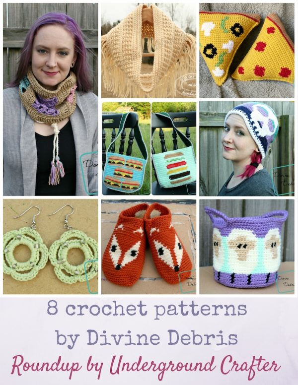 Roundup: 8 crochet patterns by Divine Debris, including women's accessories, amigurumi, and 3 freebie patterns! via Underground Crafter
