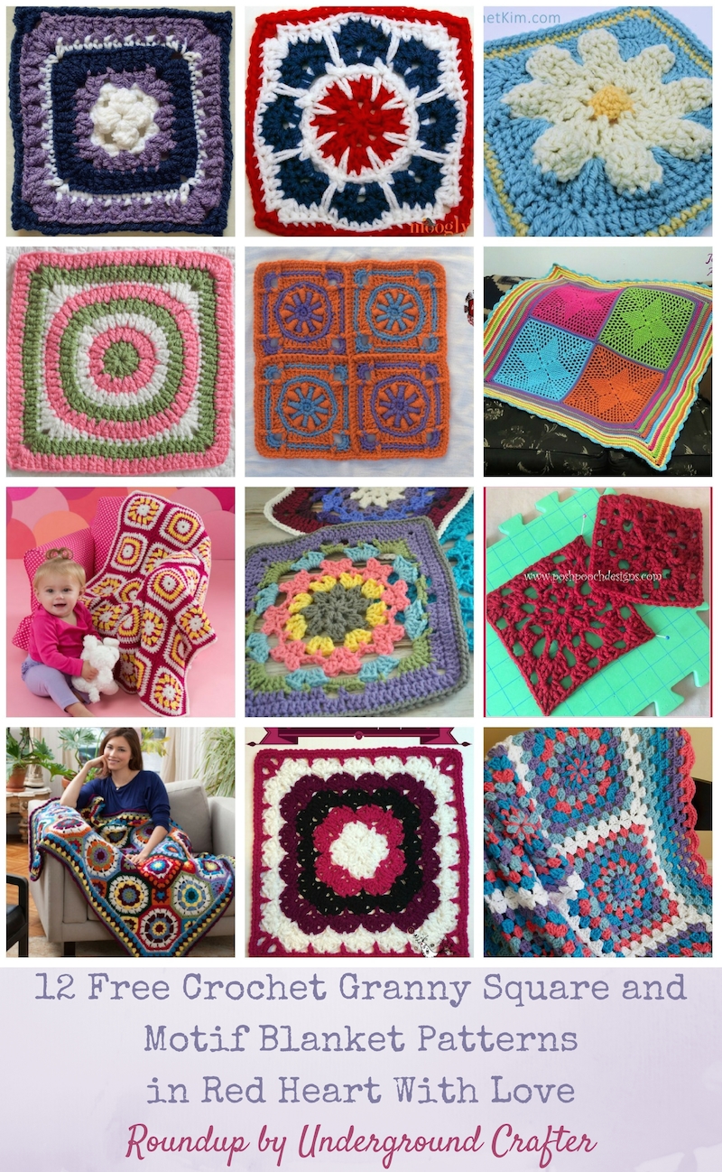 Roundup: 12 free crochet granny square and motif blanket patterns in Red Heart With Love yarn via Underground Crafter #grannysquaremonth