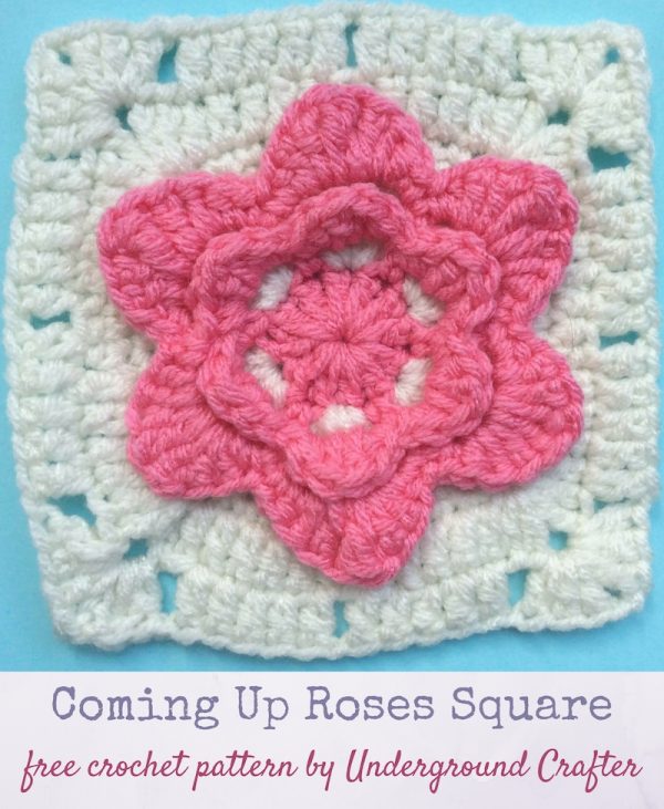 Crochet pattern: Coming Up Roses Square in Red Heart With Love by Underground Crafter | This square features a simple rose pattern at the center. It’s one of two squares used in the Picking Flowers Pillow.