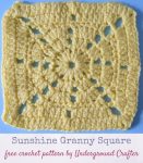 Crochet pattern: Sunshine Granny Square in Red Heart With Love yarn by Underground Crafter | Chain spaces form lacy sunrays in this granny square variation. This is one of several motifs used in the Classic Granny with a Twist Blanket.