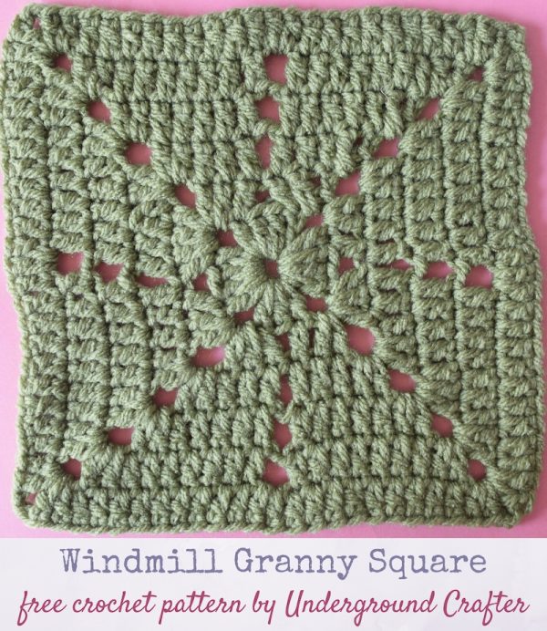 Crochet pattern: Windmill Granny Square in Red Heart With Love yarn by Underground Crafter | Corner and center chain spaces mimic a windmill in this variation on the double crochet granny square. This is one of several motifs used in the Classic Granny with a Twist Blanket.