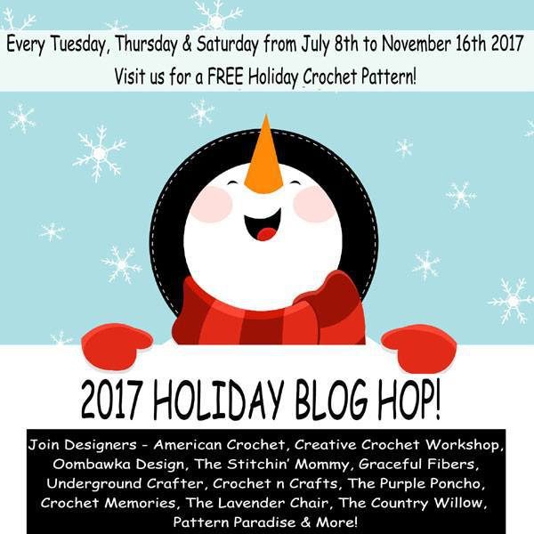 2017 Holiday Blog Hop with Underground Crafter, American Crochet, Creative Crochet Workshop, Oombawka Design, The Stitchin' Mommy, Graceful Fibers, CrochetN'Crafts, The Purple Poncho, Crochet Memories, The Lavender Chair, The Country Willow, Pattern Paradise, and more! Get over 50 free crochet patterns perfect for winter holiday gifts and decorations.