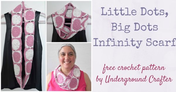Free crochet pattern: Little Dots, Big Dots Infinity Scarf in Wool and the Gang Shiny Happy Cotton by Underground Crafter | Simple circle-in-a-square motifs are connected with the join-as-you-go method to create a bold infinity scarf to brighten your day. A soft cotton yarn makes this neckwarmer perfect for all but the coldest winter nights.