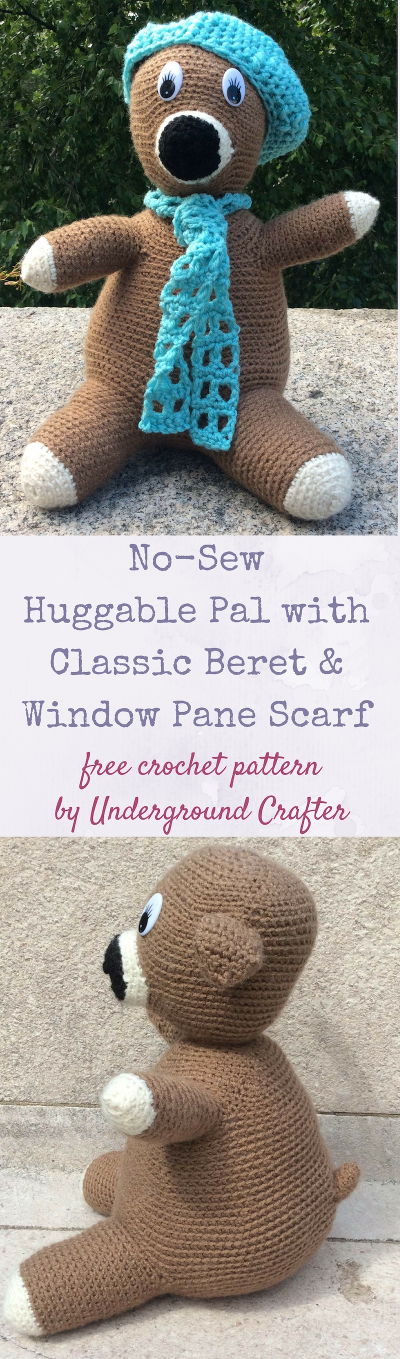 No-Sew Huggable Pal with Classic Beret and Window Pane Scarf, free crochet pattern in Red Heart Super Saver yarn by Underground Crafter | This amigurumi pal is crocheted in one piece with no sewing! Accessorize your pal with a classic beret and lacy scarf. The Poly-Fil Supreme® Ultra Plush Fiber Fill makes it extra soft and cuddly. #joycreators #fairfieldworld #attheheartofyourproject#redheartyarns