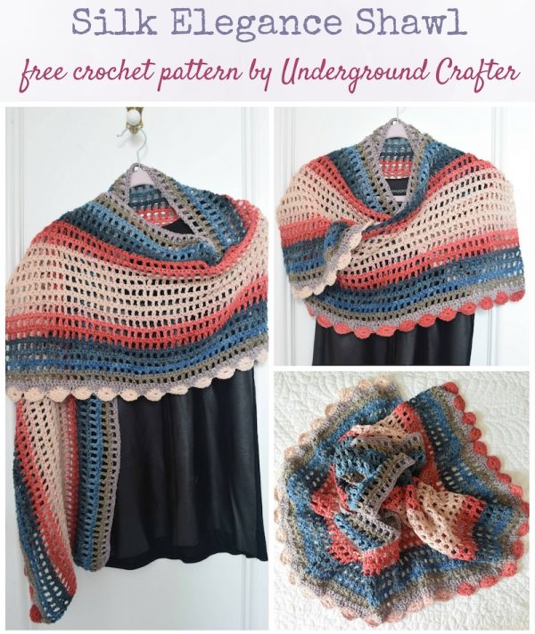 Free crochet pattern: Silk Elegance Shawl in Darn Good Yarn Herbal Dyed Recycled Silk DK yarn by Underground Crafter | Beautiful colors and a smooth, silky drape combine in this rectangular shawl with a curved motif border.