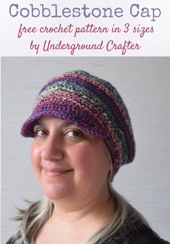 Free crochet pattern: Cobblestone Cap in Premier Yarns Aurora yarn by Underground Crafter | This brimmed, unisex hat uses self-striping yarn to create easy color changes and alternating hook placement to create interesting texture. It’s the first pattern in the 2017 Holiday Stashdown Crochet Along.