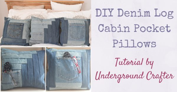 DIY Denim Log Cabin Pocket Pillows tutorial by Underground Crafter | Grab some jeans headed for the scrap pile and make yourself a plush pocket pillow with a Fairfield Decorator’s Choice Luxury Pillow Form. This tutorial includes instructions for two variations of the classic log cabin quilt block: the Cabin in the Corner and the Courthouse Steps blocks.