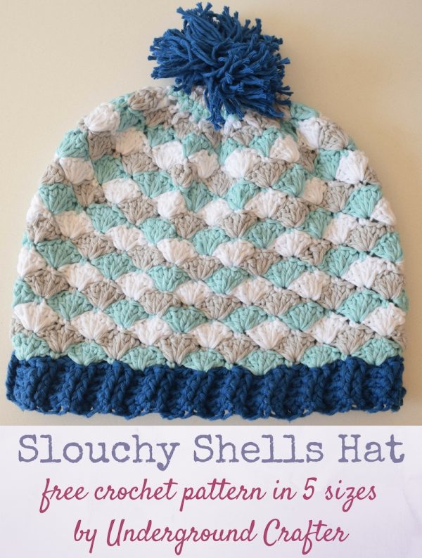 Free crochet pattern: Slouchy Shells Hat in Paintbox Cotton Aran yarn in 5 sizes by Underground Crafter | Stripes and shells keep things interesting in this slouchy hat.