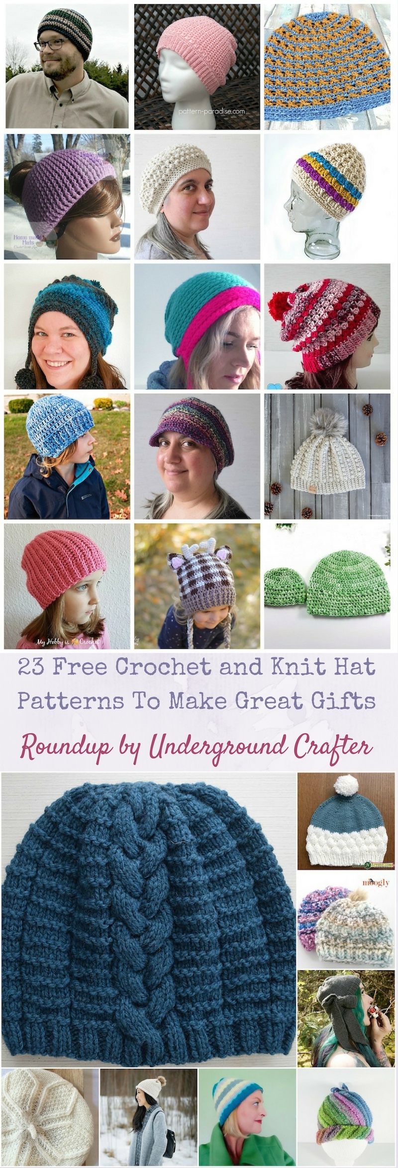 Roundup: 23 Free Crochet and Knit Hat Patterns To Make Great Gifts via Underground Crafter | Find your next project in this roundup featuring berets, slouchy hats, beanies, earflap hats, and more!