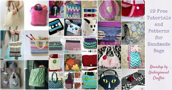 29 Free Tutorials and Patterns for Handmade Bags via Underground Crafter - Find your next project in this roundup featuring free fabric, crochet, and knitting patterns and tutorials for totes, messenger bags, clutches, purses, and more!