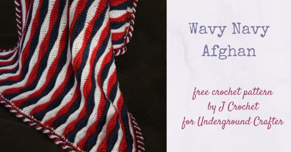 Free crochet pattern: Wavy Navy Afghan in Caron Simply Soft yarn by J Crochet via Underground Crafter | This tri-color blanket has a delightful candy cane border and includes instructions in U.S. terms and with international stitch symbol charts.