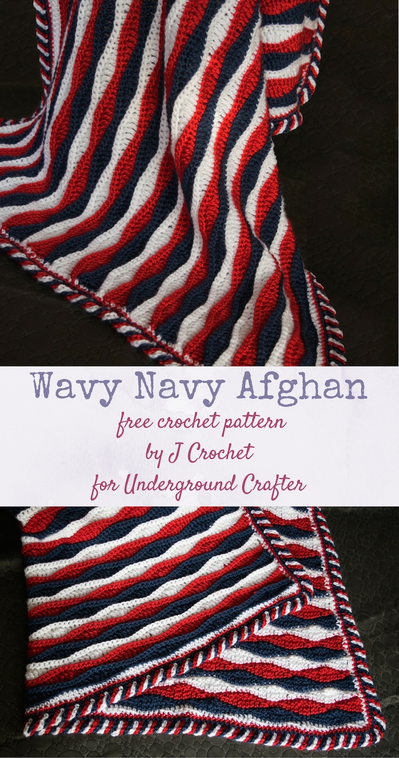 Free crochet pattern: Wavy Navy Afghan in Caron Simply Soft yarn by J Crochet via Underground Crafter | This tri-color blanket has a delightful candy cane border and includes instructions in U.S. terms and with international stitch symbol charts.