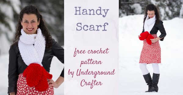 Free crochet pattern: Handy Scarf in Red Heart Super Saver yarn by Underground Crafter | This cozy keyhole scarf features two mock mittens at the end. This pattern is part of the Crochet Charity Drive with Blackstone Designs. Find the Crochet Charity Drive group on Facebook!