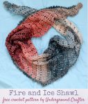 (Multicolor triangular shawl displayed against a blue background.) Free crochet pattern: Fire and Ice Shawl in Lion Brand Shawl in a Ball Metallic yarn by Underground Crafter | This simple, triangular shawl shines in a self-striping, metallic yarn.