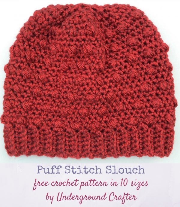 Free crochet pattern: Puff Stitch Slouch in 10 sizes in Premier Everyday Soft Worsted Heathers yarn by Underground Crafter | This slouchy beanie uses alternating puff stitches to add a bit of texture. The newborn size meets the donation requirements for Little Hats, Big Hearts, a program of the American Heart Association. #charity #undergroundcrafter #crochet #premieryarns