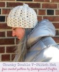 Profile of woman in lacy crochet hat in chunky yarn | Free crochet pattern: Chunky Double V-Stitch Hat in Sprightly Acrylic Super Bulky yarn by Underground Crafter