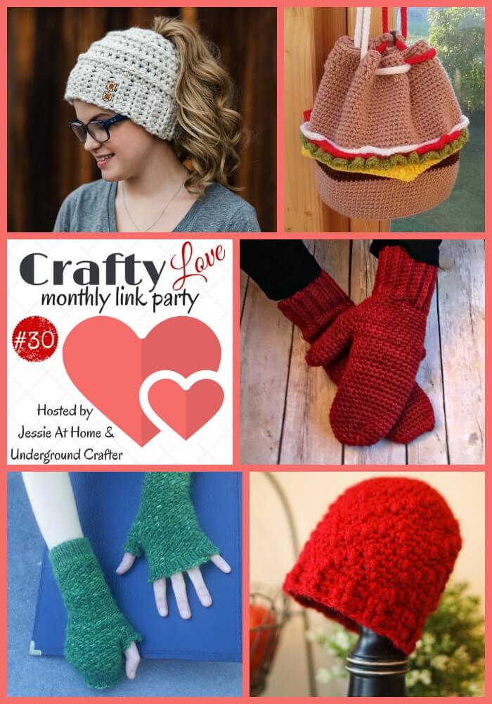 Collage of 5 featured crochet and knitting patterns via Crafty Love Link Party 30 (February, 2018) with Jessie At Home and Underground Crafter