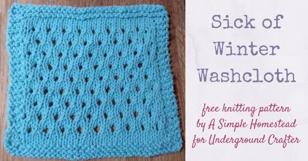 Blue, lacy knit washcloth on flat wooden surface | Free knitting pattern: Sick of Winter Washcloth by A Simple Homestead for Underground Crafter