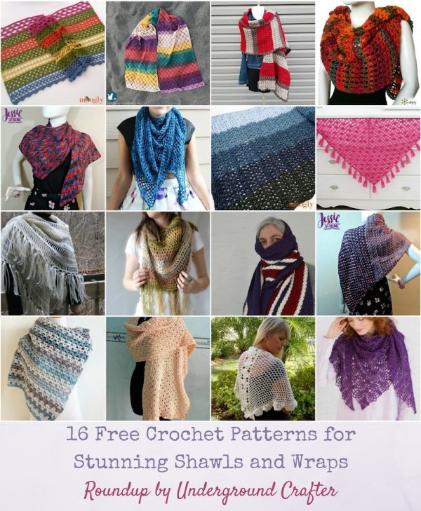 Collage of 16 crochet wraps and shawls | Roundup: 16 Free Crochet Patterns for Stunning Wraps and Shawls via Underground Crafter