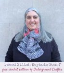 Smiling woman wearing colorful crochet scarf and black jacket | Free crochet pattern: Tweed Stitch Keyhole Scarf in Cascade Anthem Chords by Underground Crafter