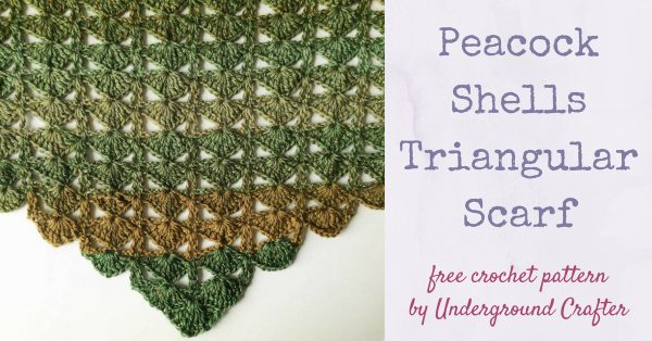 Free crochet pattern: Peacock Shells Triangular Scarf free crochet pattern in Cascade Heritage Wave yarn by Underground Crafter (Scarf of the Month Club 2018)