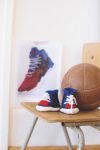 Free knitting pattern: Basketball Shoes booties by Helga Spitz (excerpted with permission from Classic Kicks for Little Feet: 16 Knitted Shoe Styles for Baby's First Year) via Underground Crafter | shoes near basketball