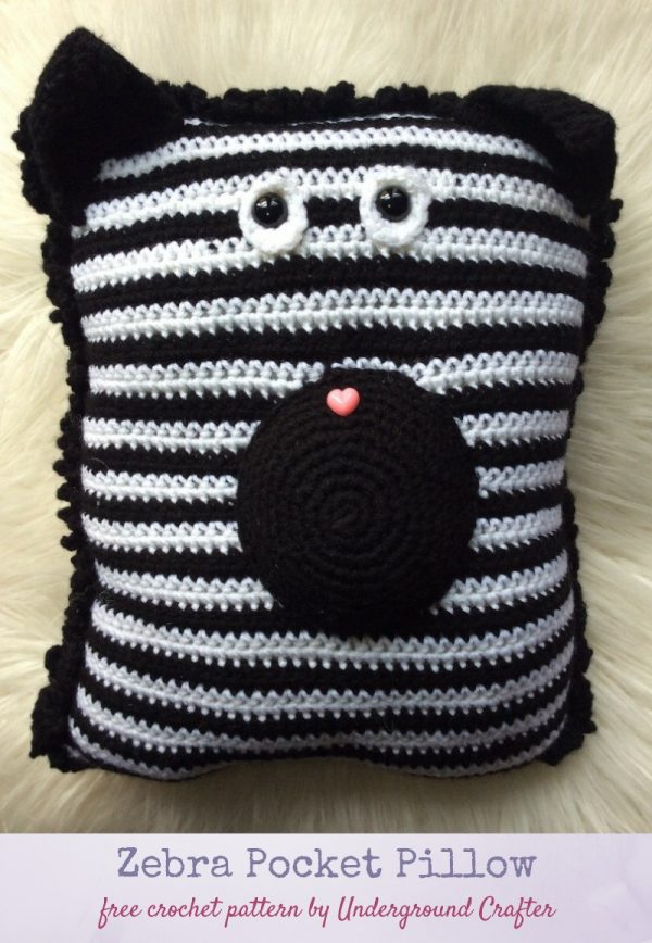 Zebra Pocket Pillow, free crochet pattern in Red Heart Super Saver stuffed with • Fairfield Poly-Fil Crafter’s Choice Dry Polyester Fiber Fill by Underground Crafter