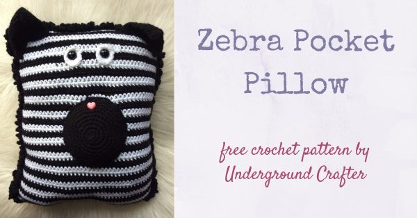 Zebra Pocket Pillow, free crochet pattern in Red Heart Super Saver stuffed with • Fairfield Poly-Fil Crafter’s Choice Dry Polyester Fiber Fill by Underground Crafter
