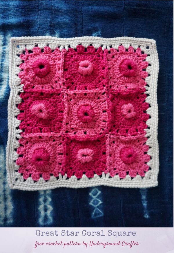 Great Star Coral Square, free 12 inch free crochet granny square pattern by Underground Crafter | textured granny square on indigo dyed fabric