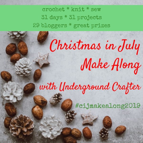 2019 Christmas in July Make Along with Underground Crafter - text on a white background with pine cones