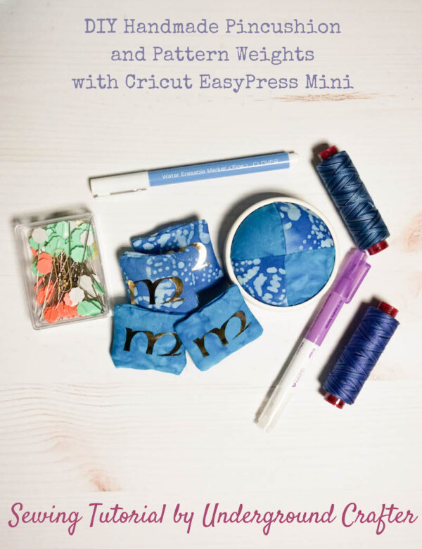 Handmade Pincushion and Pattern Weights Set with Cricut EasyPress Mini via Underground Crafter - completed pincushion and pattern weights with sewing notions and pattern